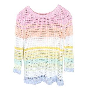 TALBOTS Pastel Rainbow Stripe Open Knit Sheer Pullover Sweater Mp 100% Cotton